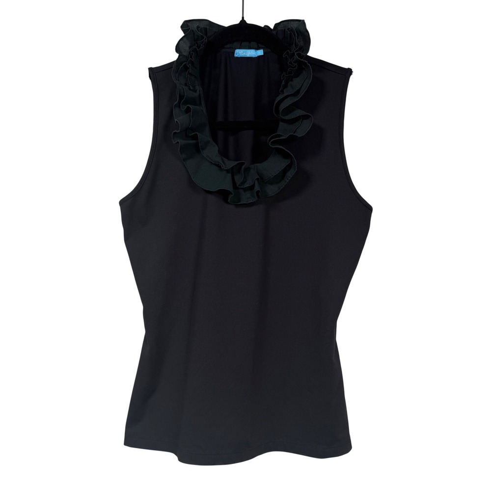 J.McLaughlin Black Cotton Ruffle Neck Tank Top S Athleisure Minimalist Preppy